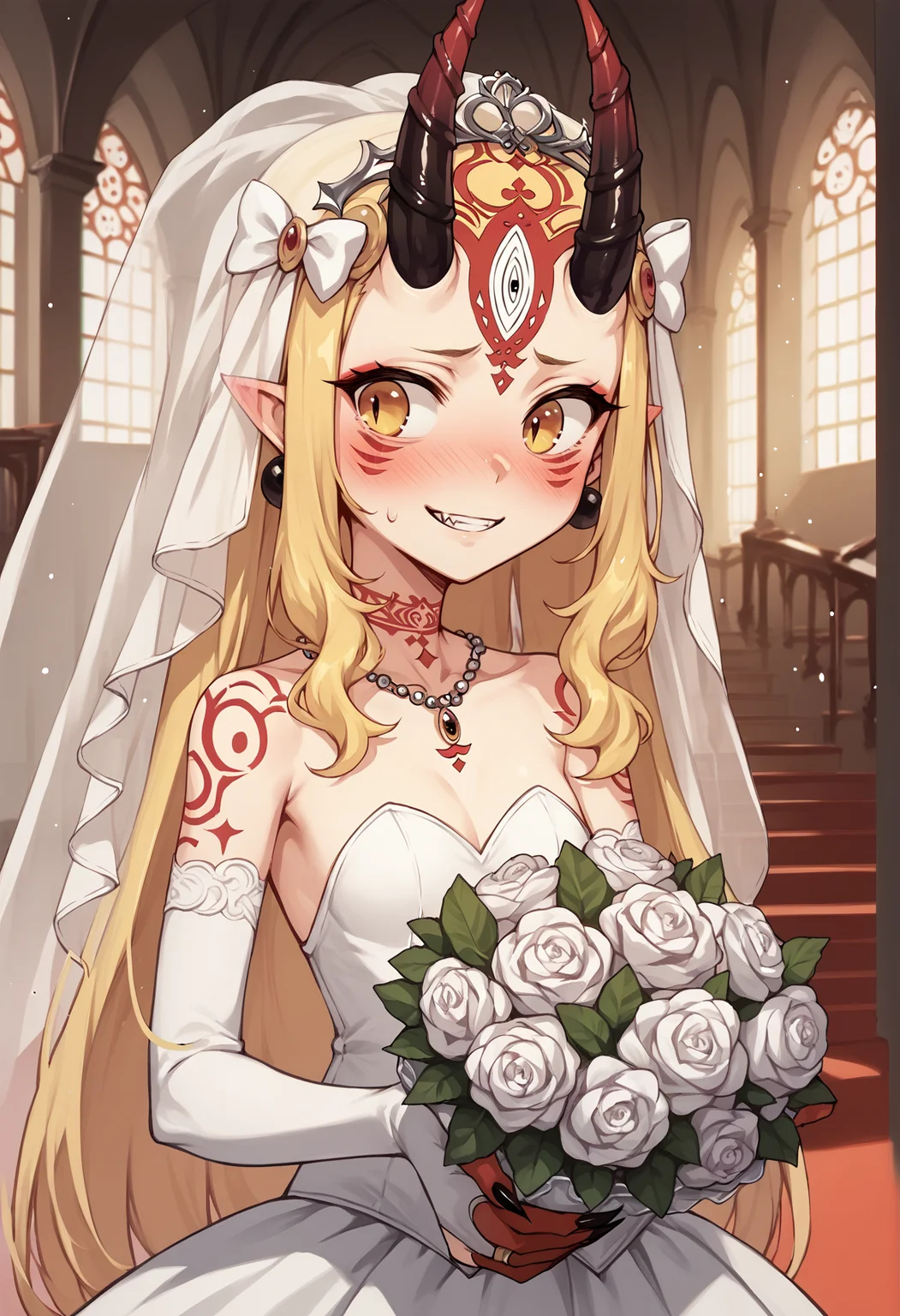 1girl, long hair, blonde hair, sidelocks, yellow eyes, pointy ears, facial mark, tattoo, forehead mark, oni, horns, sharp fingernails, wedding dress, bridal gauntlets, veil, looking to the side, blushing, nervous smile, indoors, church bouquet <lora:Ibaraki_Douji_XL:1>, score_9, score_8_up, score_7_up, score_6_up, score_5_up, score_4_up, BREAK source_anime, masterpiece