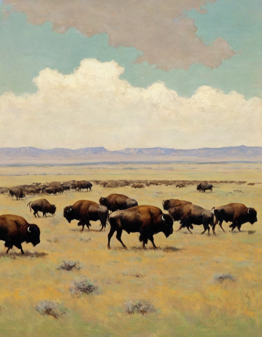 a Remington painting of a herd Buffalo on the American plains, 1867  <lora:FRemington-000001:1>