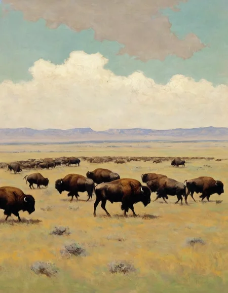 a Remington painting of a herd Buffalo on the American plains, 1867  <lora:FRemington-000001:1>