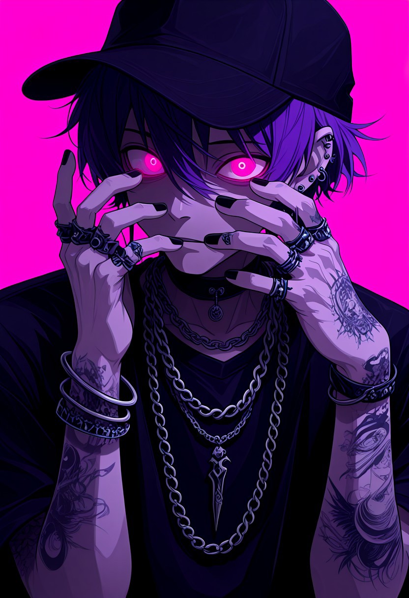masterpiece, best quality, very aesthetic, absurdres, D1DVAP0, glitch, neon, dissociated, dissociative identity disorder,  glitch, horror (theme), glowing, jewelry, solo, 1boy, male focus, chain, ring, hat, tattoo, earrings, piercing, black nails, shirt, chain necklace, glowing, pink background, short hair, ear piercing, looking at viewer, upper body, glowing eyes, choker, bracelet, simple background, necklace, multiple rings, pink eyes, black shirt, purple hair, black headwear, arm tattoo,