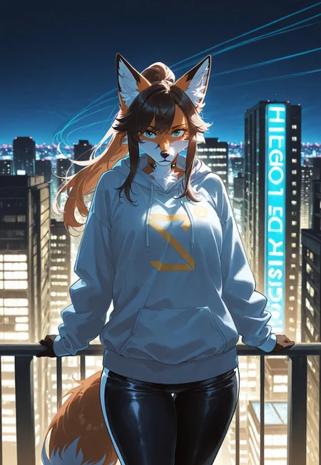 Artistic style, safe_pos, safe_pos, score_9, score_8_up, score_7_up, score_6_up, photorealistic, epiCPhotoGasm-colorfulPhoto, Realistic, highres, super high resolution, 8k, furry, anthro, An agile female fox fur traceuse vaulting over a rooftop railing in a neon-drenched cityscape. Flowing hoodie, practical pants, focus in her eyes. City lights blur below, sense of height and motion. Style: Cyberpunk/urban aesthetic, neon lights (pinks, blues), motion trails, dynamic pose, detailed urban environment, cool atmosphere. Mood: Free, agile, daring, urban flow