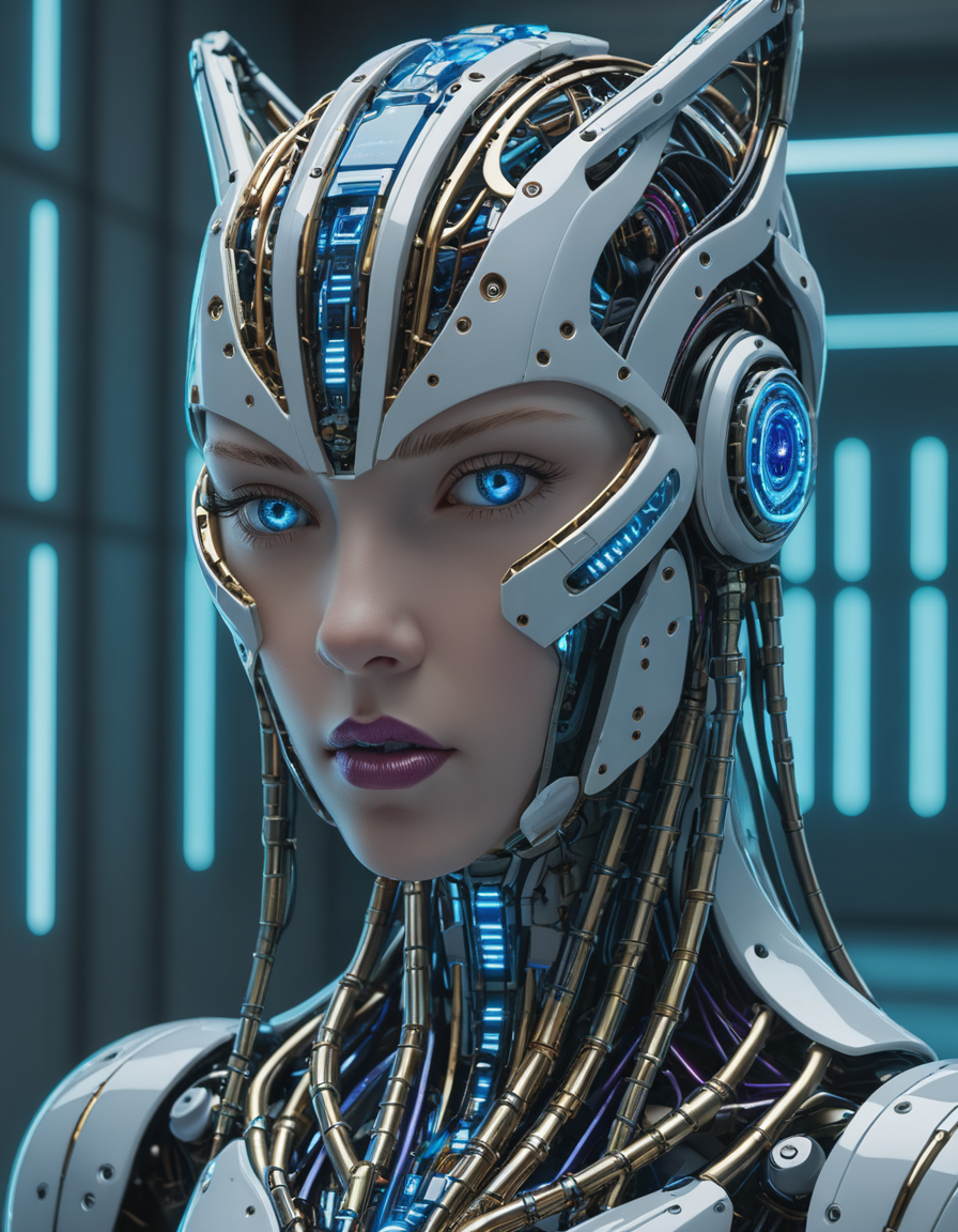 cybernetic robot Breathtaking portrait featuring a stunning porcelain android, 6 years old child, sharp focus on eyes, Their profiles are captured in exquisite detail, revealing intricate cybernetic implants and robotic components beneath their flawless skin, an undeniable grace and elegance that sets them apart from mere machines, Soft light bathes them in a warm glow, rim lighting, vibrant hues of blue and green and purple dance across their frames, blue eyes reflecting off the countless microchips embedded within their structures, capturing not just the cold efficiency of artificial intelligence but also its potential for beauty and artistry, style reminiscent of Edward Blair Wilkins, . android, AI, machine, metal, wires, tech, futuristic, highly detailed,