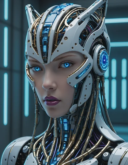 cybernetic robot Breathtaking portrait featuring a stunning porcelain android, 6 years old child, sharp focus on eyes, Their profiles are captured in exquisite detail, revealing intricate cybernetic implants and robotic components beneath their flawless skin, an undeniable grace and elegance that sets them apart from mere machines, Soft light bathes them in a warm glow, rim lighting, vibrant hues of blue and green and purple dance across their frames, blue eyes reflecting off the countless microchips embedded within their structures, capturing not just the cold efficiency of artificial intelligence but also its potential for beauty and artistry, style reminiscent of Edward Blair Wilkins, . android, AI, machine, metal, wires, tech, futuristic, highly detailed,