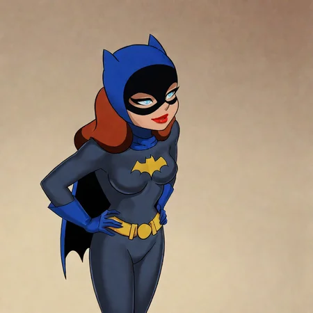 <lora:batgirlbtas_pony_v1:.9>BatgirlDCAU, 1girl, lipstick, cape, medium breasts, blue eyes, mask, bodysuit, gloves, superhero, belt, red lips, makeup, long hair, brown hair, hands on hips, cowboy shot