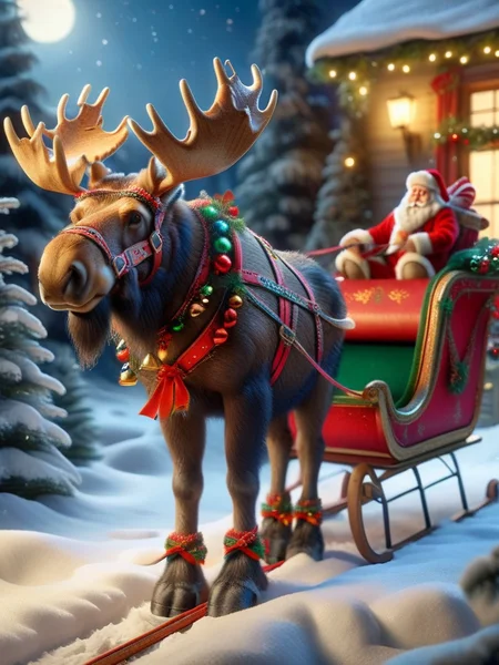 ral-santasleigh, a photorealistic moose decorated is pulling Santas sleigh, the moose is adorned with a festive colorful harness <lora:ral-santasleigh-sdxl:1>