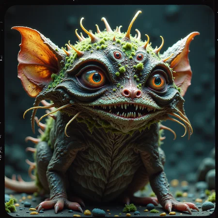 a chimera rat-bat monster, w31rd13sfl1, with three-eyes and tendrils