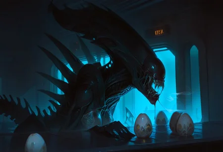 masterpiece, best quality, hyper-realistic, ultra-HD, luminous lighting, cinematic ambiance, shimmering gradients, ethereal glow, deep contrast, rich color tones, seductive atmosphere, captivating sensuality, Cinematic Lighting,
BREAK
raytracing, volumetric lighting, ambient occlusion, Background, xenomorph
BREAK
ryu, teal scales, eastern dragon horns, pointy ears, green eyes, long eyelashes, makeup, solo,
glass, see-through, skulls, portraits,
BREAK
A chilling scene unfolds in a dimly-lit industrial corridor, where the iconic xenomorph from the Alien franchise has cunningly concealed itself within an air duct. Its elongated, biomechanical form is contorted yet eerily poised, occupying the seemingly innocuous air vent. The slick, black exoskeleton, adorned with menacing ridges and a tail curled beneath it, blends seamlessly with the duct's shadowy interior. Only its distinctive dome-like head, partially open mouth revealing a set of inner jaws, pierces the veil of darkness. Glistening drool and the movement of its secondary jaws suggest a high state of alertness, ready to strike.
The xenomorph’s piercing yellow eyes reflect the flickering emergency lights of the corridor, hinting at its imminent intent. The vent's mesh serves as a sinister cage, unable to contain the creature's malevolent presence that emanates from every rivet and crevice. Tension swells as viewers anticipate the creature's imminent pounce, ready to unfurl from its hiding place. Surrounded by Alien eggs.