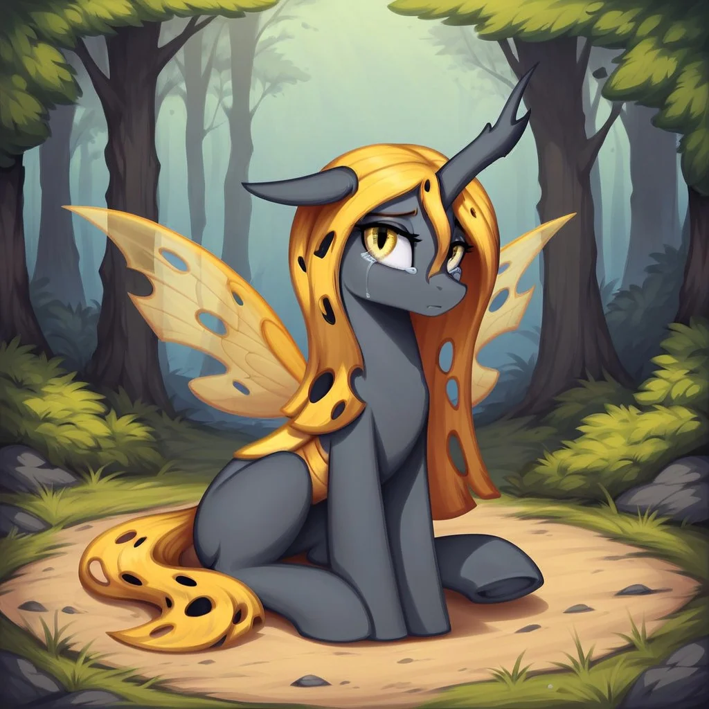 masterpiece, score_9_up, score_8_up, score_7_up, score_6_up, (best quality:1.1), ultra-detailed, high resolution, 1character, Oiren, changeling queen oc, mlp, feral, black skin, (long yellow membrane mane:1.0), (((beautiful detailed yellow eyes))), long eyelashes, eyebrows, ears, (yellow Insect wings:1.3), single horn, sitting, sad face, crying, big tears from eyes, detailed facial features, full body, expressiveh, highly visible, sharp focus, anatomically correct, detailed background, outside, outdoors, dark forest in the background