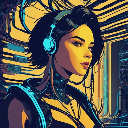 cyberpunk woman connected to cyberspace, wires, cables, tubes, complex, surreal, futuristic, three fourth perspective, high tech, lineart, flat colors,  <lora:lineartSDXL:1>