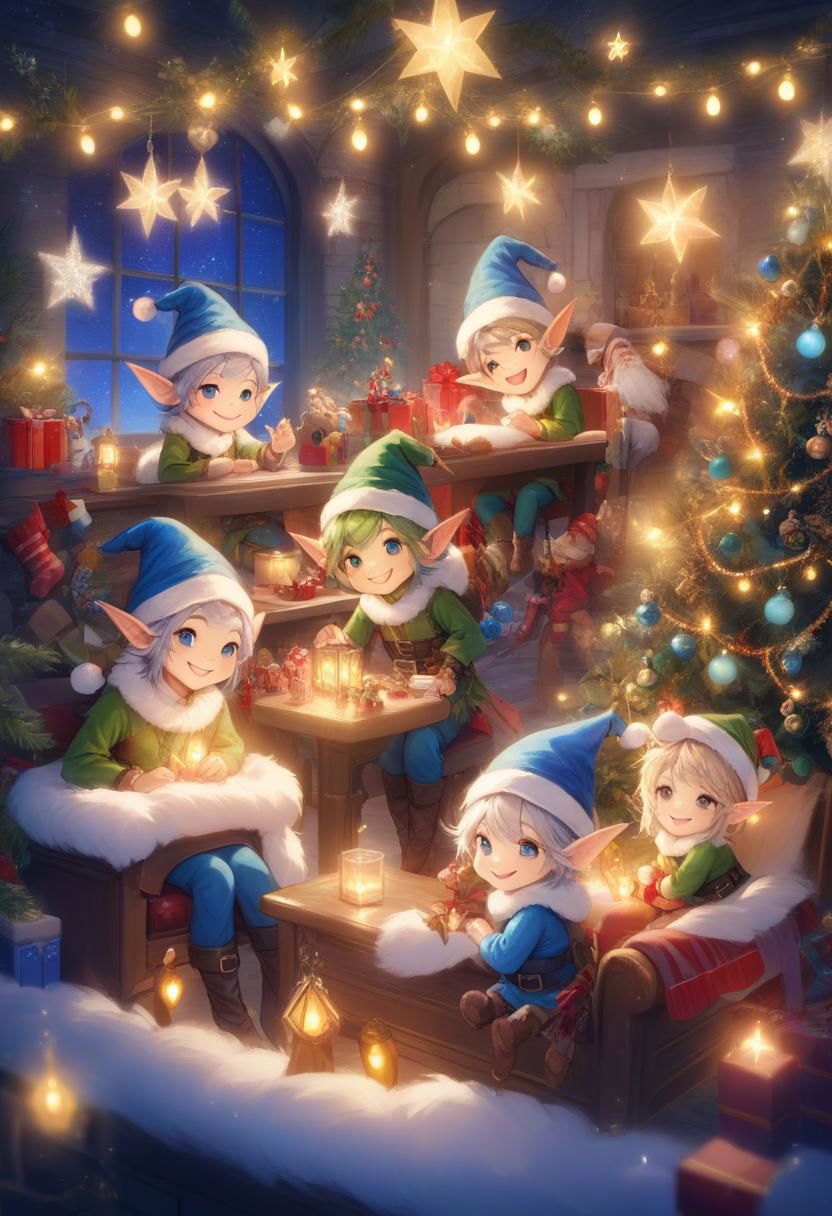 Christmas scene with a cute Blue Epoch Elves sitting among christmas decorations, smile, fluffy,  lights, holiday atmosphere, ultra-fine, digital painting