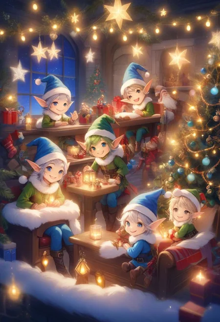 Christmas scene with a cute Blue Epoch Elves sitting among christmas decorations, smile, fluffy, lights, holiday atmosphere, ultra-fine, digital painting