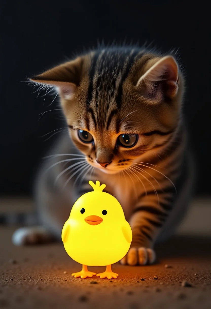 Cinematic style, high quality, beautiful, realism, chiaroscuro, photorealism, still film, (masterpiece), close-up, A breathtaking photograph captures the striking moment between a tabby kitten and a small, glowing, animated chicken-like creature. The kitten, with its distinctive tabby fur pattern in shades of brown, black and grey, is positioned slightly right of center, staring intently at a glowing object on the ground in front of it. Its large, round eyes are illuminated by a warm light, reflecting an expression of intense curiosity and wonder. The creature, emitting a soft amber-orange glow, has a small, round body with a smiling face and yellow legs that extend outward.