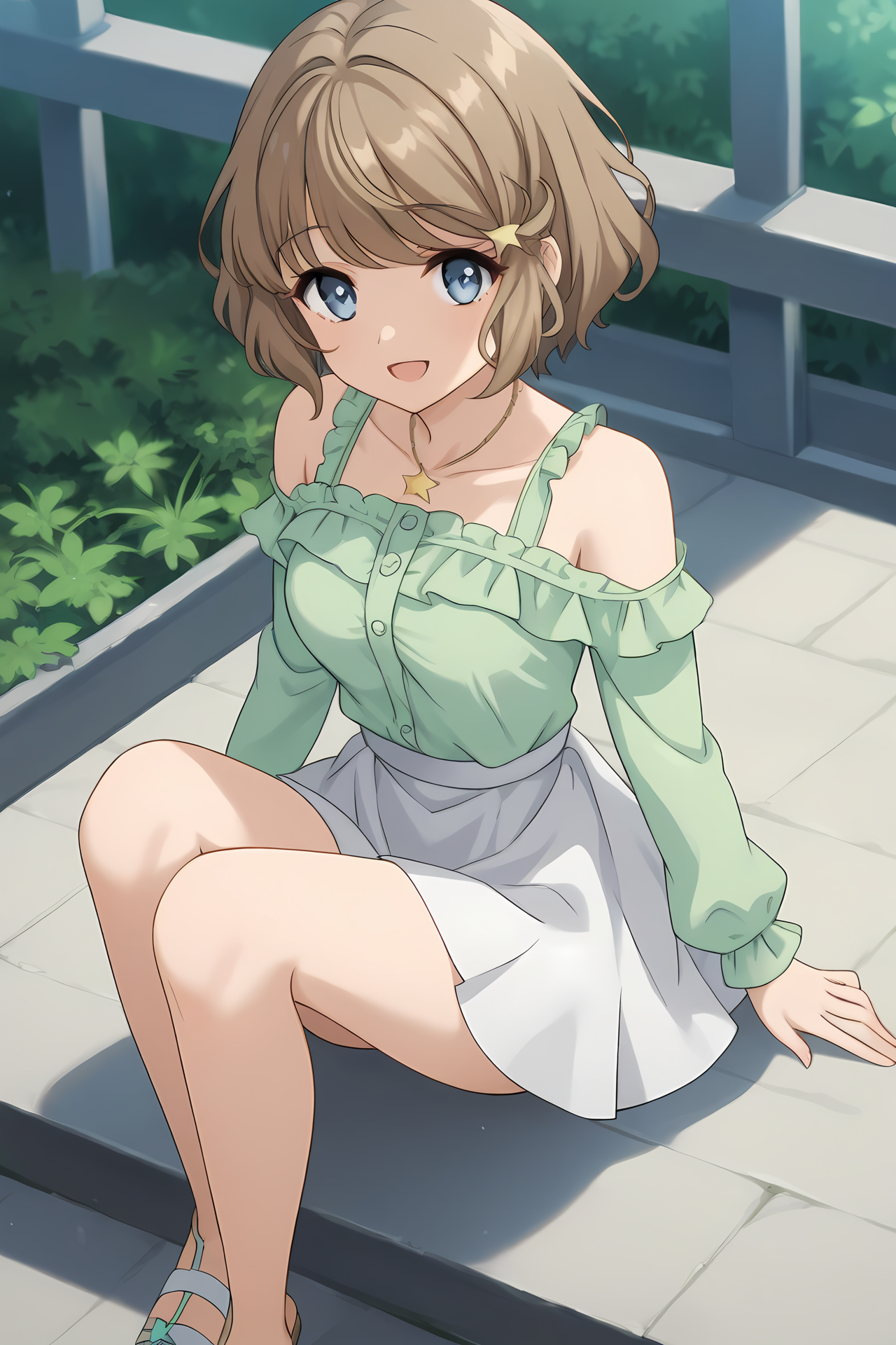 (green shirt bare shoulders long sleeves white skirt sandals:1.50), bgs-tomoe, brown hair, short hair, blue eyes, bangs, hairclip, star necklace,
medium breasts,
1girl, solo, skinny, (source_anime, score_9, score_8_up, score_8, score_7_up), score_7, score_6_up, score_6, score_5_up, score_5, 
(happy:1.10),
(:0.70),
(close-up:1.40), (:1.10),
<lora:bgs-tomoe-V01:0.70>