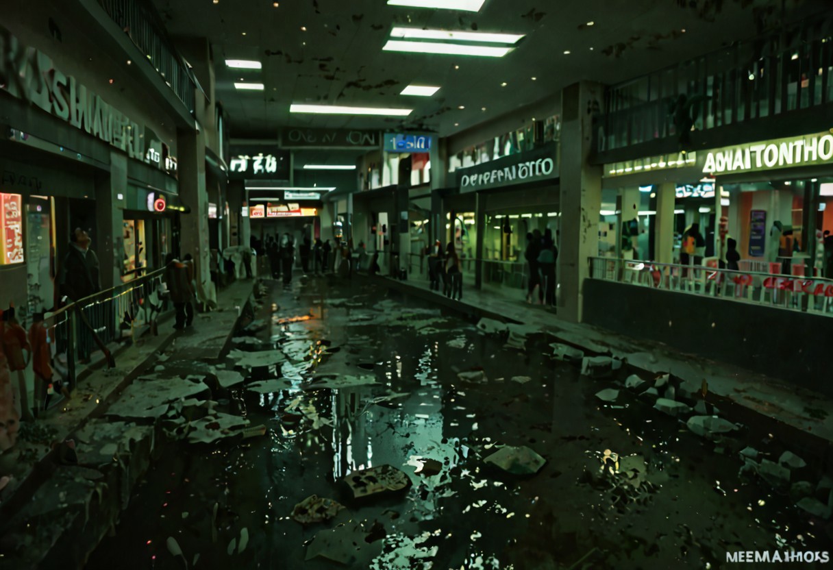 score_9, score_8_up, score_7_up, score_6_up, score_5_up, score_4_up, abandoned shopping mall, at night, no people, empty abandoned mall, destroyed, eerie, camera flash, partially flooded, ((( abandonned, submechanaphobia)))