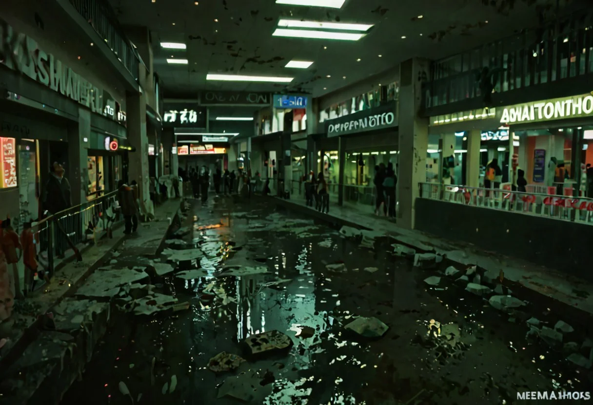 score_9, score_8_up, score_7_up, score_6_up, score_5_up, score_4_up, abandoned shopping mall, at night, no people, empty abandoned mall, destroyed, eerie, camera flash, partially flooded, ((( abandonned, submechanaphobia)))