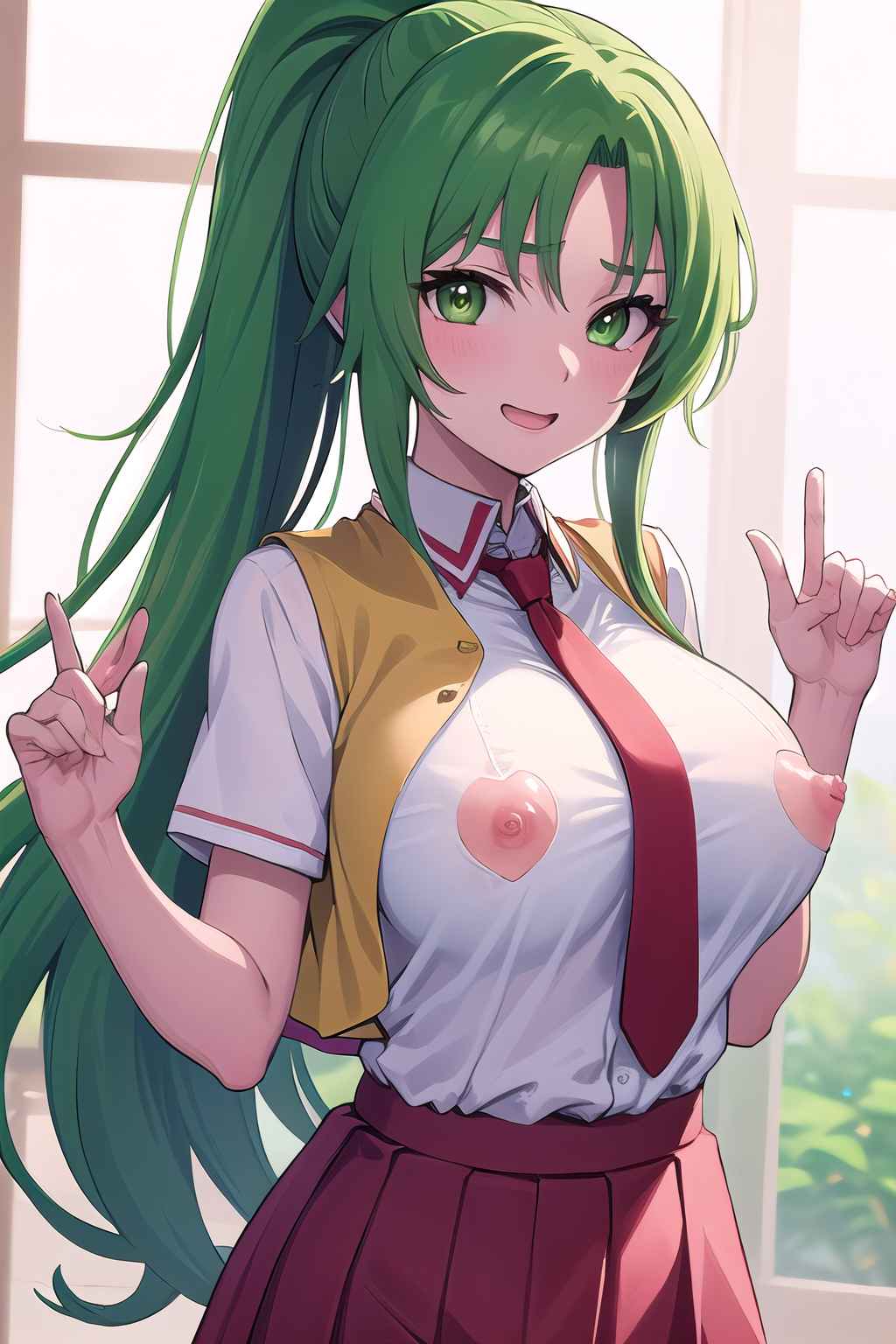 masterpiece, best quality, ultra-high-detailed, nipple cutout, nipples, 1girl, Mion Sonozaki, green hair, green eyes, ponytail, white shirt, red necktie, yellow vest, red skirt,