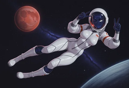 masterpiece, best quality, absurdres, highres, high quality, highly detailed,
1girl, solo, GTITS, breasts, star \(sky\),space, constellation, starry skin, nebula skin, white eyes, blank eyes, no mouth, dark blue skin, no humans, no eyebrows, looking at viewer, head tilt, one eye closed,
white bodysuit, spacesuit, white boots, space helmet,
dynamic pose, floating, v sign,
red planet, planetary ring, depth of field, cinematic,
no lineart, pixelsketcher, <lora:incase_new_style_red_ill:0.6>, <lora:bonifasko_ill:0.4>, <lora:GTITS:1.1>
