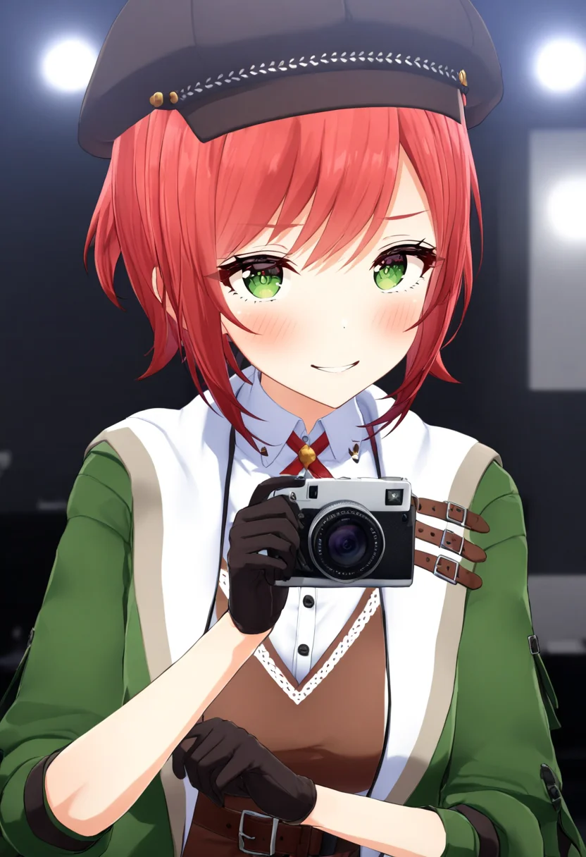 Akari_outfit1,green jacket,camera,hat,looking at viewer,night,dark,gloves,evil smile,<lora:Akari>,
modern room,
standing,pose,close-up.,face focus,breast focus,patr,, cinematic light,masterpiece,best quality,very aesthetic,absurdres,incredibly absurdres,<lora:add_detail:1>,