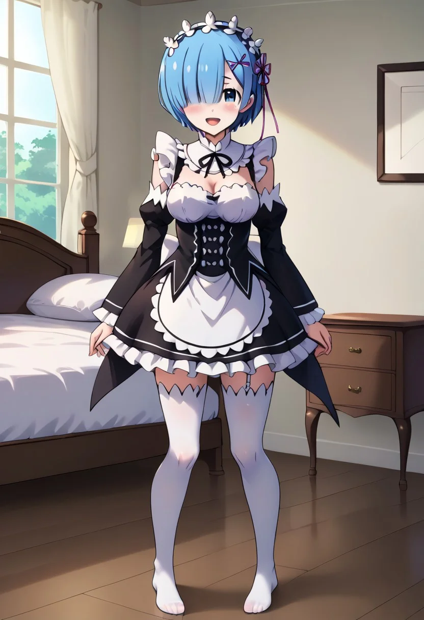 Rem
<lora:RemV1:0.7>
masterpiece, best quality,
medium breasts,
white thighhighs, dress, detached sleeves, maid uniform, no shoes,
looking at viewer, standing, from behind,
indoors, bedroom, overflow,
blush, open mouth, smile
