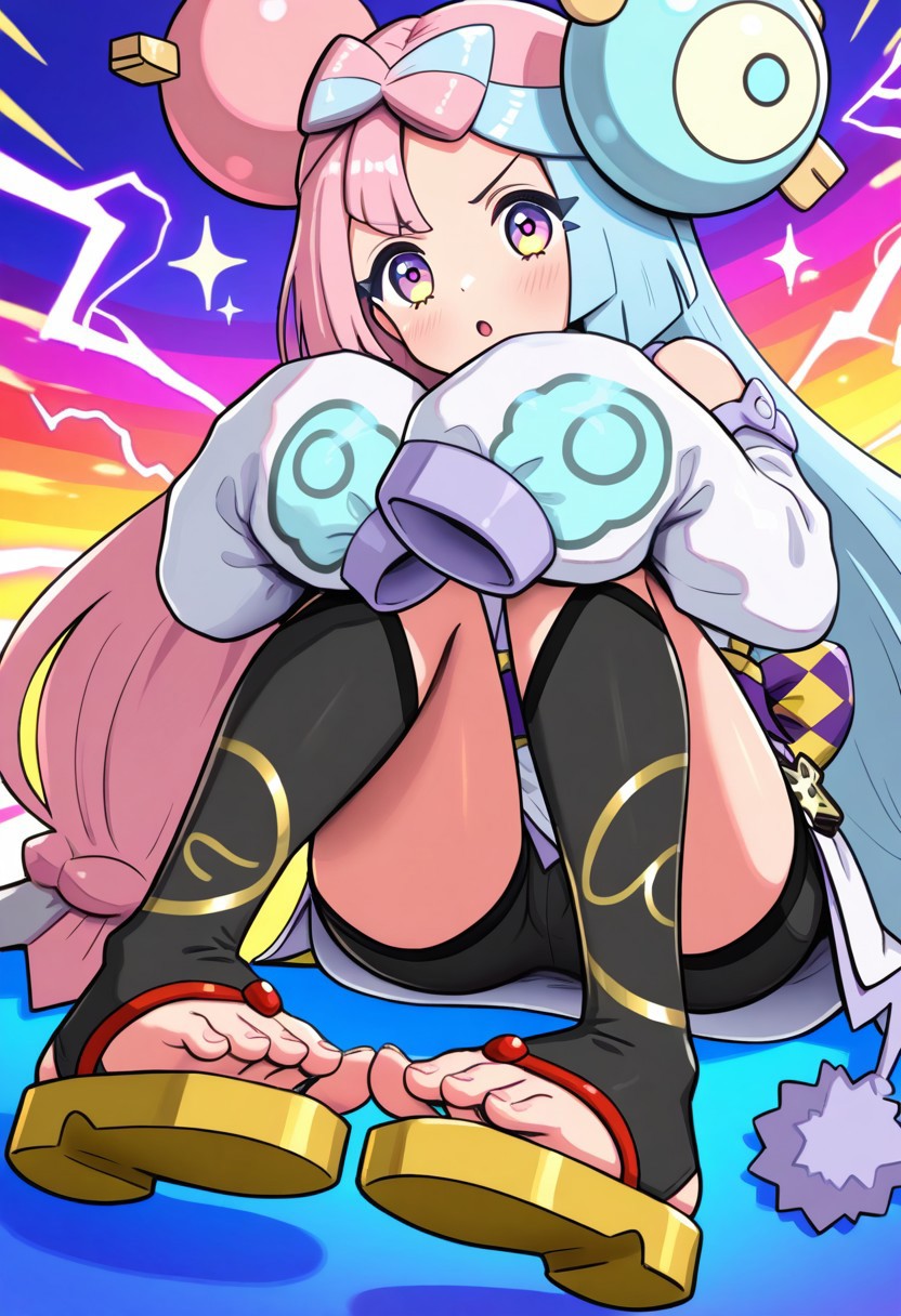hinosaki, [[pokemoa, gonzarez]], 2d, masterpiece, best quality, amazing quality, 1girl, solo, close-up, sitting, hugging own legs, lower body, foot focus, looking at viewer, multicolored background, sparkle, rainbow background, colorful background, electricity, sparks, sygiono, def colors, purple hair, blue hair, purple eyes, bow-shaped hair, low-tied long hair, character hair ornament, black shirt, sleeveless dress, two-tone dress, white dress, yellow dress, detached sleeves, yellow sleeves, white sleeves, purple collar, bare shoulders, sleeves past fingers, oversized clothes, purple sash, black shorts, toeless legwear, black legwear, kneehighs, sandals, yellow footwear