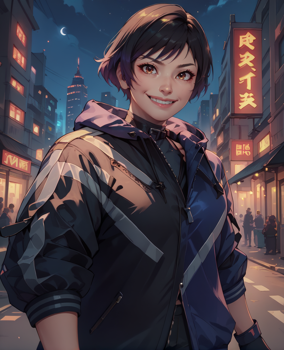 score_9,score_8_up,score_7_up,
Reina,black  jacket,black gloves,brown eyes,
shorts,smile,
standing,upper body,
night,city square,<lora:ReinaMXL-V2:0.9>,