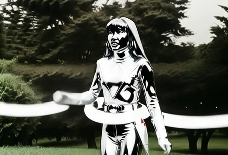 thick energy beam wrapped around waist of chrome statue of power ranger Trini, long straight chrome hair tucked-behind-shoulders, fringe, full body photo, alone, helmetless, chrome catsuit, chrome turtleneck collar, chrome gloves belt boots holster, large chunky chrome hoop earrings, worried facial expression, gasping, entirely made of chrome, hyperdetailed photography, in rural park