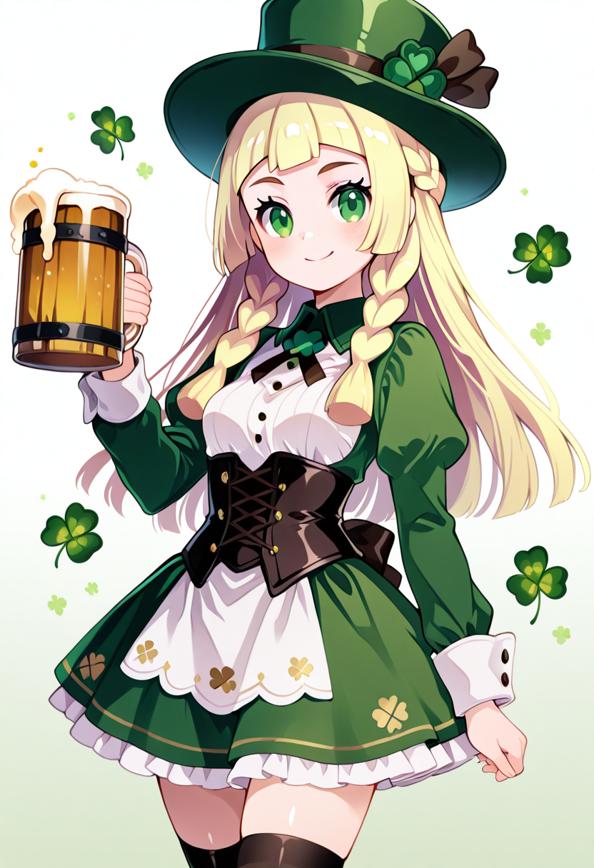 masterpiece, best quality,   zzLillie, long hair, braid, <lora:LilliePokemonIXL:1.0>,  C0utur3Cr4z3,  green hat, corset, thighhighs, green skirt, long sleeves, collared dress, solo, smile, looking at viewer, cowboy shot,  ShamrockWorld, clover, four-leaf clover, beer mug,  ,<lora:ShamrockWorld_IXL:1.0>,  <lora:CoutureCraze_IXL:0.8>,