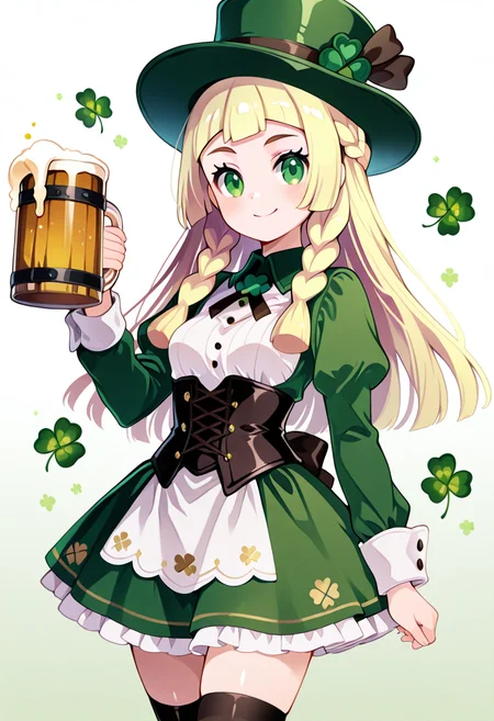 masterpiece, best quality,   zzLillie, long hair, braid, <lora:LilliePokemonIXL:1.0>,  C0utur3Cr4z3,  green hat, corset, thighhighs, green skirt, long sleeves, collared dress, solo, smile, looking at viewer, cowboy shot,  ShamrockWorld, clover, four-leaf clover, beer mug,  ,<lora:ShamrockWorld_IXL:1.0>,  <lora:CoutureCraze_IXL:0.8>,