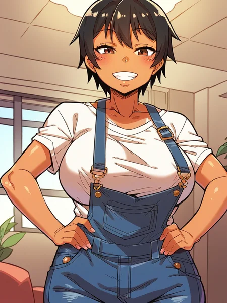 score_9, score_8_up, score_7_up,  
1girl, shizumi akane, one-piece tan, short hair, black hair, large breasts,
brown eyes, grin, hands on hips, indoors, living room, smile, looking at viewer, narrowed eyes, 
white t-shirt, short sleeves, overalls, strap slip,