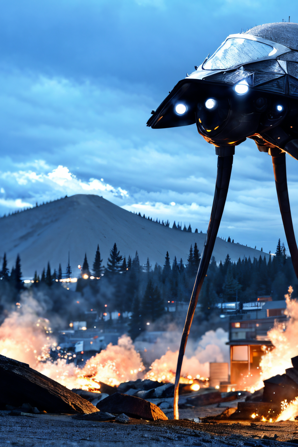 (view from right side), explosions in the background, night sky, (Realisitc:1.5), giant alien EdobTWOTWTripod creature with claws, <lora:EdobTheWarOfTheWorldsTripod_v1.0:1>