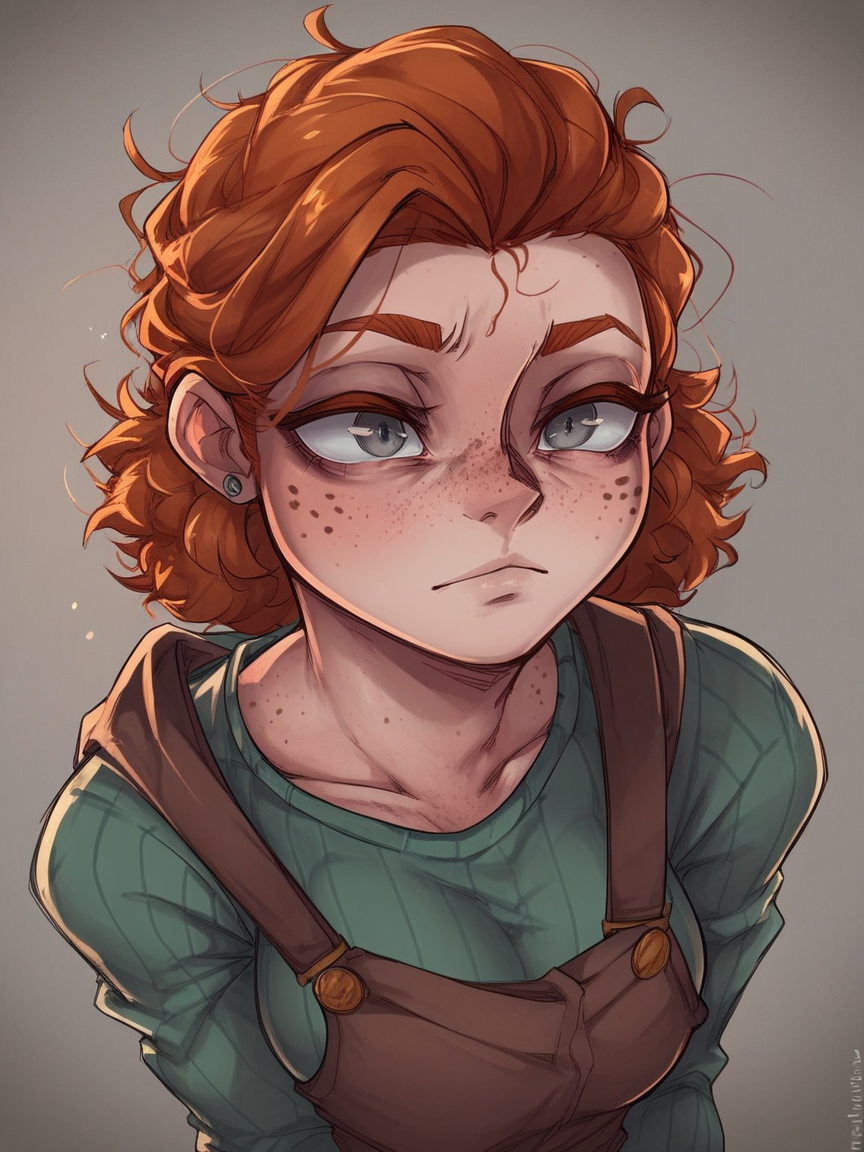 score_9, score_8_up, score_7_up, score_6_up, score_5_up,  <lora:MerryRemembrancerXLP:1> merryremembrancer, 1girl, ginger hair, freckles, grey eyes,