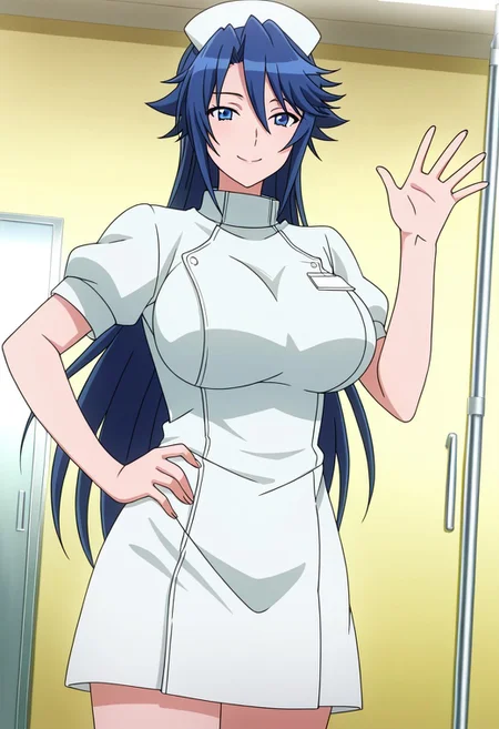 general,highres, ultra-detailed,very aesthetic,best quality ,best hands,best eyes,easynegative,
dynamic anglre, dutch angle, anime cloring,anime screencap,
1girl solo,looking at viewer,hospital, smile, hand on hip, waving hand,
Sayo Hitsugi, blue_eyes, blue_hair, long_hair, huge_breasts,, nurse uniform,