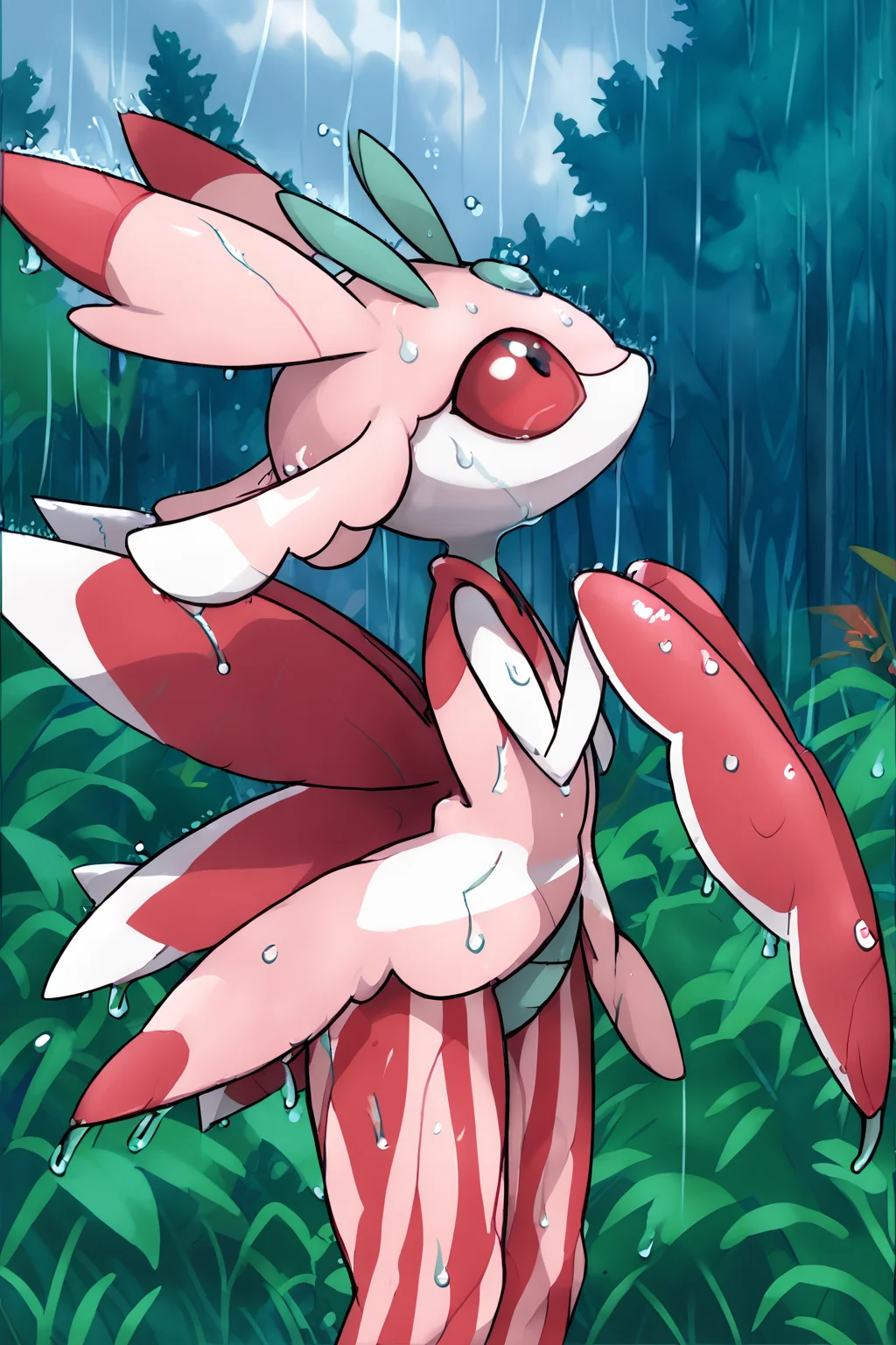<lora:Lurantis_Pony:1> Lurantis, pokemon \(creature\), insect, arthropod, striped legs, red sclera, solo, arms down, head looking up, <lora:Rain (pony) v1:1> heavy-rain, rain, wet, cloudy, side view, forest background,