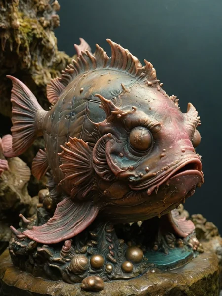very detailed Anglerfish, awesome appearance, magical landscape with enchanted elements, fantasy art style, brown and pink theme, intricate details, ultra sharp, exquisite detail, flawless composition, vivid colors, masterpiece, exciting background <lora:Bronze Sculpture SDXL v1.0:1> 7-BronzeSculptures