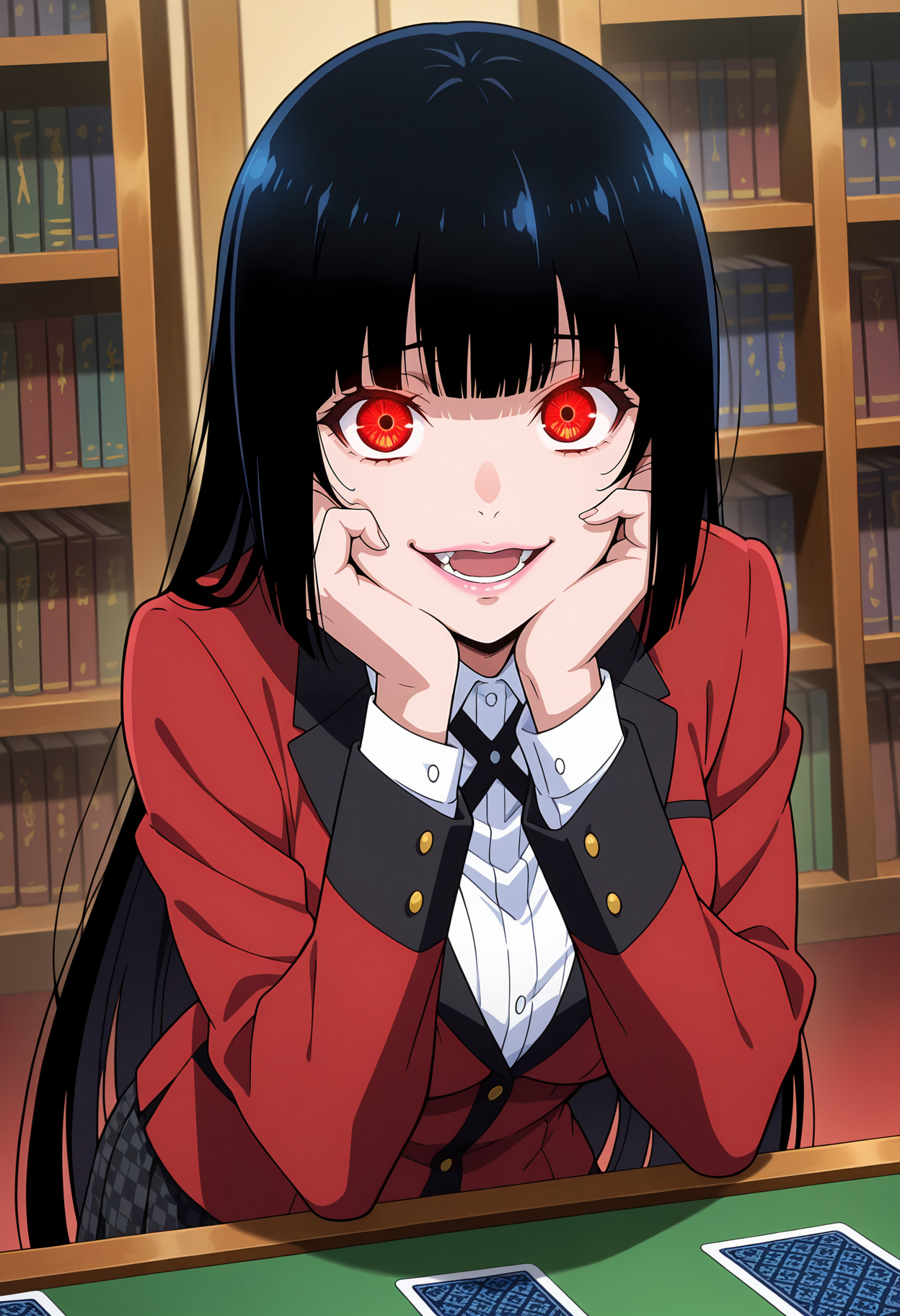 anime screencap, masterpiece, best quality,
<lora:Kakegurui_JabamiYumeko_IlluXL:0.9>,
1girl, solo, open mouth, crazy smile, teeth,
hime cut, black hair, long hair, blunt bangs, glowing eyes, red eyes, pink lips,
black cross tie, collared shirt, white shirt, red jacket, checkered skirt, pleated skirt, black skirt,
hands on own cheeks, standing, looking at viewer, 
indoors, playing cards, bookshelf