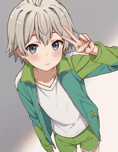 score_9, score_8_up, score_7_up, score_6_up, source_anime, simple background, cowboy shot, from above, dutch angle, 1boy, solo, saika totsuka, blue eyes, ahoge, grey hair, jacket, green jacket, shirt, white shirt, open jacket, shorts, green shorts, raglan sleeves, blush, shy, looking up at viewer, arm behind head, peace sign <lora:modokie-amxl-v1-ShoAI:1> <lora:saika-totsuka-s2s3-ponyxl-lora-nochekaiser:0.8>