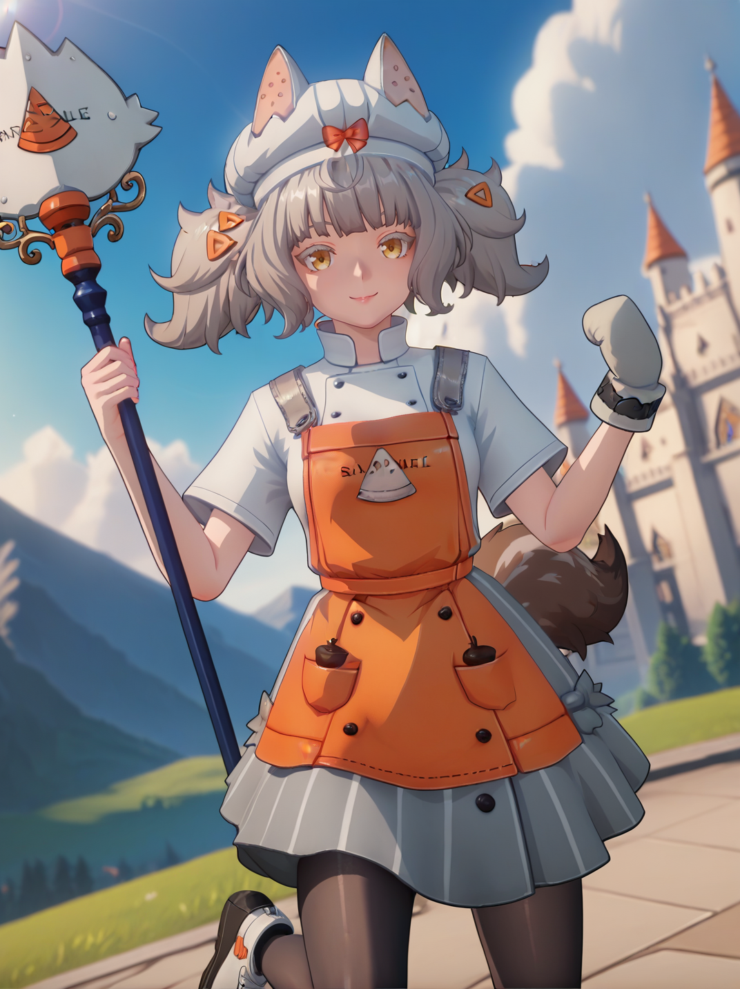 score_9, score_8_up, score_7_up,, official style, screencap,
1girl, smile, dutch angle, naughty pose, looking at viewer, one leg up, holding staff, cute pose, castle behind, mountains, solo, dynamic pose, cowboy shot, head tilt, sexually suggestive, blue sky, outdoors,
 <lora:AMargherita_character:0.8>, MargheritaXL,, grey hair,  yellow eyes, twintails, hair ornament, hat, single glove, white shirt, orange apron, pantyhose, grey skirt, animal ears, tail,