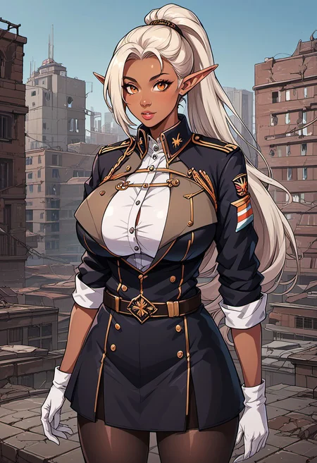 score_9, score_8_up, score_7_up, score_6_up, score_5_up, score_4_up, ANIMEShader, beautiful elven woman, (dark skin:1.3), long white hair in a ponytail, small cute button nose, soft round chin, detailed orange eyes, bright orange eyes, high definition eyes, detailed eyes, elf ears, huge breasts, military uniform, white gloves, black skirt, pantyhose, abandoned building, ruined city, rooftop, outdoors,