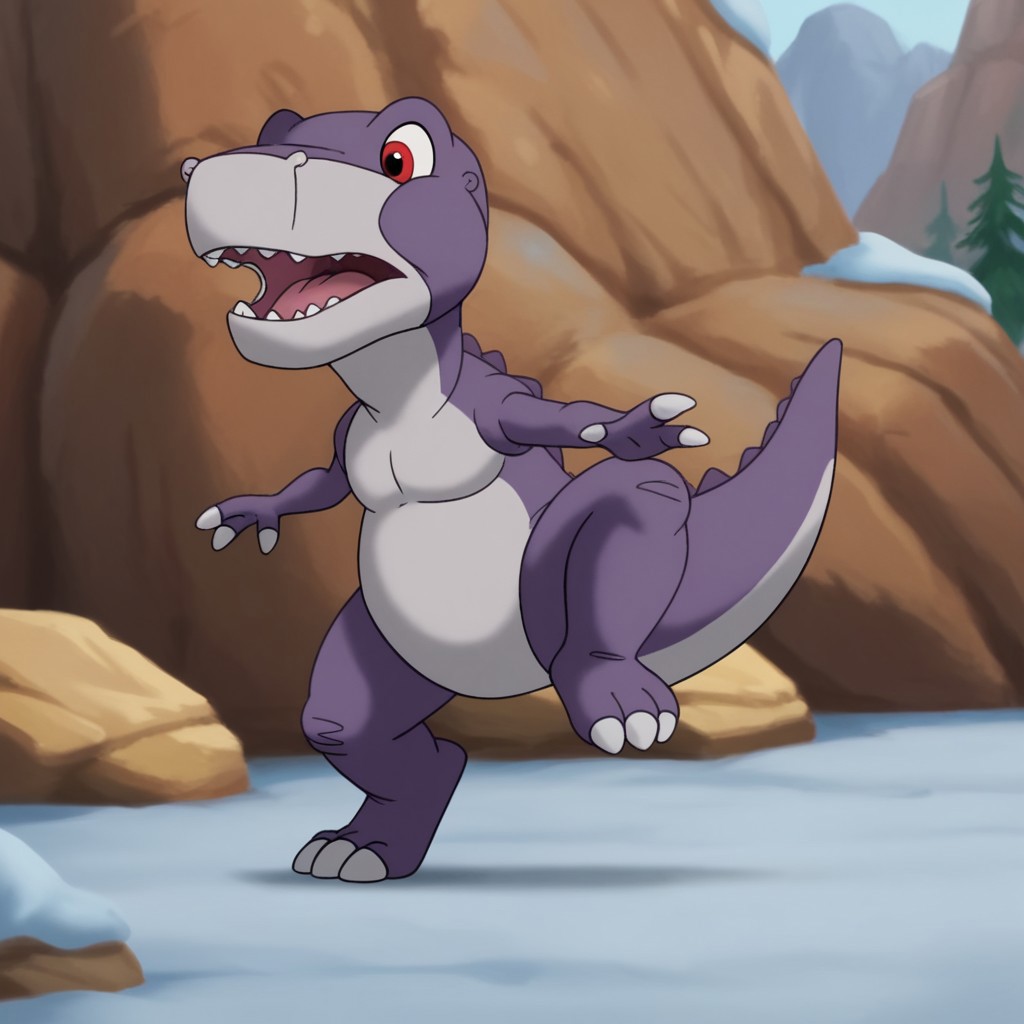 score_9, score_8_up, score_7_up, score_6_up, score_5_up, score_4_up, source_furry, Chomperlbttv, feral, male, Tyrannosaurus rex, dinosaur, scalie, purple skin, red eyes, front view, one leg up, on one leg, open mouth, head turned, valley, rocks, snow covered rocks