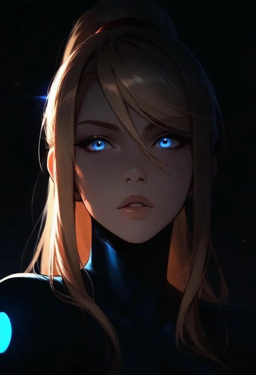 1girl, samus aran, solo, dark, light, the light illuminates part of the face, masterpiece, best quality, very aesthetic, close up, parted lips