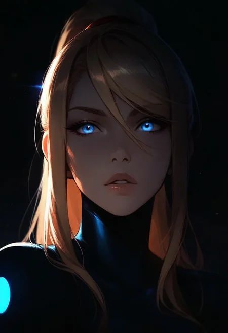 1girl, samus aran, solo, dark, light, the light illuminates part of the face, masterpiece, best quality, very aesthetic, close up, parted lips