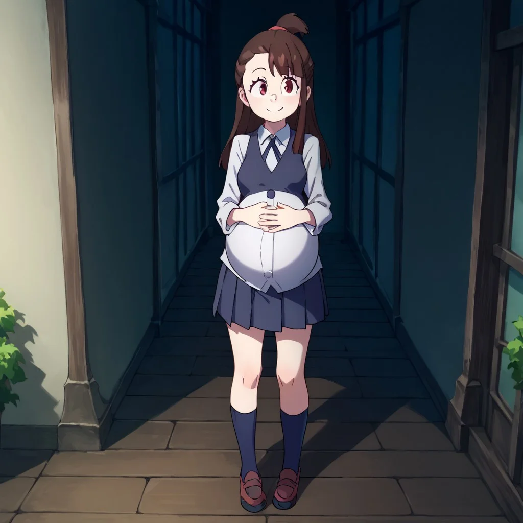 score_9, score_8_up, source_anime, highly detailed, akko, 1girl, solo, brown hair, luna nova school uniform, smile, long hair, looking at viewer, red eyes, full body, school uniform, shirt, white shirt, asymmetrical bangs, 9 months pregnant, hands on belly