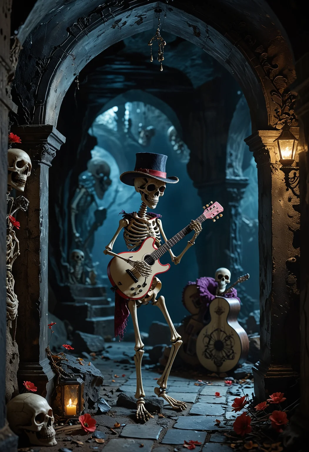 This image depicts a surreal and fantastical scene. At the center, there is a skeleton playing a guitar, which is a common symbol of music and the human spirit. The skeleton is wearing a purple outfit and has a pointed hat, adding to the surreal and otherworldly atmosphere. The guitar is brown and has a unique design, with a red and white pattern on the body.
Surrounding the skeleton are various other characters, including a small skeleton with a hat and a guitar, a larger skeleton with a guitar, and a skull with a guitar. These characters are depicted in a dark, cave-like setting with stalactites hanging from the ceiling and a blue, ornate archway in the background. The color palette is dominated by dark blues, blacks, and golds, creating a moody and mysterious ambiance.
<lora:add-detail-xl:1>
<lora:WildcardX-XL-Detail-Enhancer:1>
<lora:MJ52:0.375>
<lora:CinematicStyle_v1:0.42>