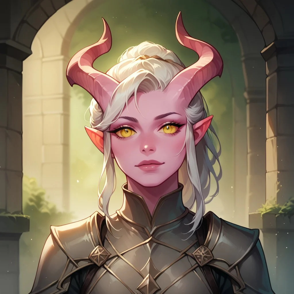 (((detailed, beautiful, high quality))), score_9, score_8_up, score_7_up, upper body, solo,
tiefling, pointed ears, horns, tail,
1 girl, pink skin, yellow eyes, white hair, gathered hair, grey armor,
looking at the viewer, posing,
fantasy background, blurred background,