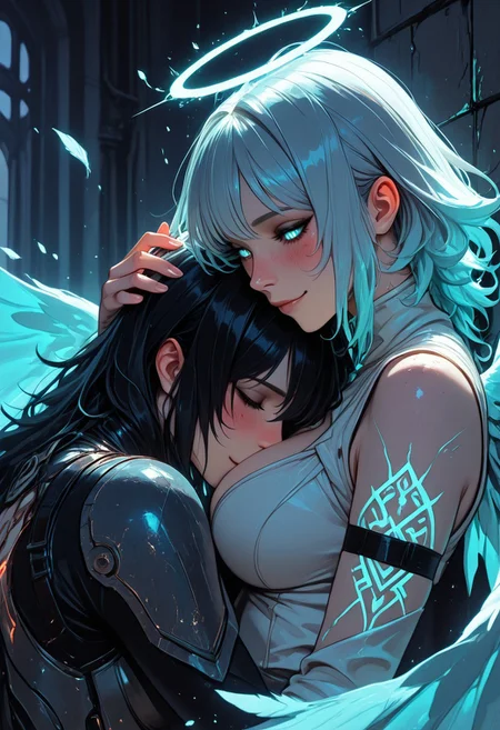 (masterpiece), (best quality), (8k), 2girls, angel and demon, intense stare-down, tension, glowing eyes, magical aura, emissive lighting effects, cinematic lighting, golden hour glow, divine vs infernal contrast, glowing halo above angel, broken burning halo above demon, floating sparks, glowing tattoos or markings, glowing feathers vs shadowy wings, ambient light particles, symmetrical composition, high detail, soft shadows and light contrast, dramatic environment, cleavage, large breasts, detailed armor, bodysuit, fishenets, sleeveless, armbands, flowing cloth, mystical energy in air, angel freckles, demon scars,
Face details, happy, in love, blush, blushing, pushed against wall, hugging, head on chest, face on chest, nuzzle, nuzzling breasts, hand on head, hand behind head, smile,