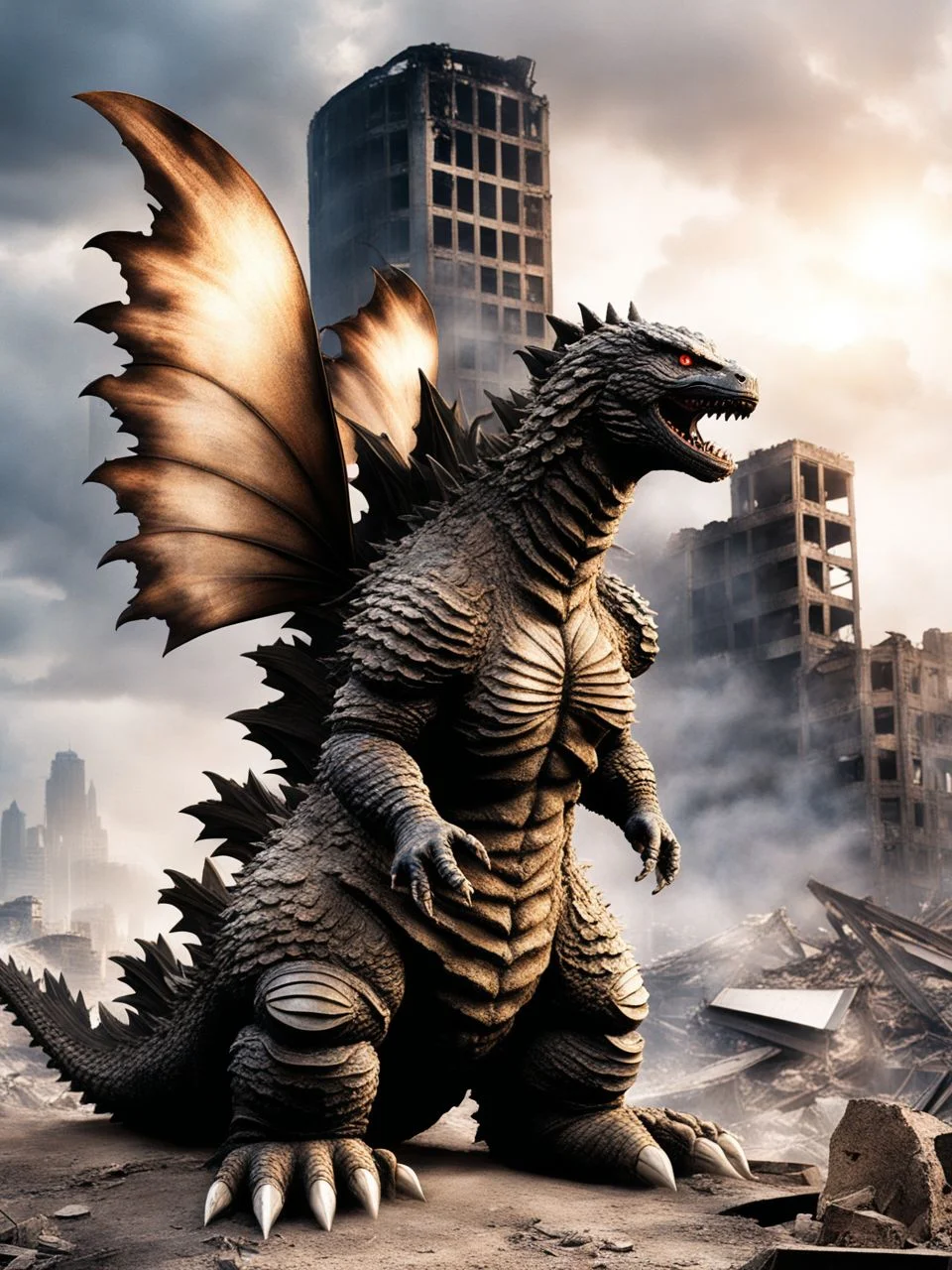 A professional studio photo of Godzilla FairyForm in a ruined city <lora:SDXL_Fairy_Form_LoRA:0.8>
