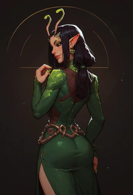 score_9, score_8_up, score_7_up, score_6_up, expressiveh, mantis_rivals, green details, 1girl, solo, antennae, medium hair, ponytail, black hair, pointy ears, nail polish, green nail polish, makeup, black eyes, detailed background, dynamic pose, dynamic angle, black sclera, sexy expression, looking at viewer, detailed background, elegant woman,hourglass body, good lighting, view from behind, ass, pov, green dress with black details, adult woman, elegant, half-closed eyes, seductive smile, seductive, sexy, jewelry, dramatic lighting, earrings, g0thicPXL, half-closed eyes, seductive smile, seductive, <lora:Expressive_H:0.3> <lora:g0th1cPXL:0.5> <lora:incase-ilff-v3-4:0.6> <lora:Mantis_Marvel_Rivals_-_PonyXL:0.6>