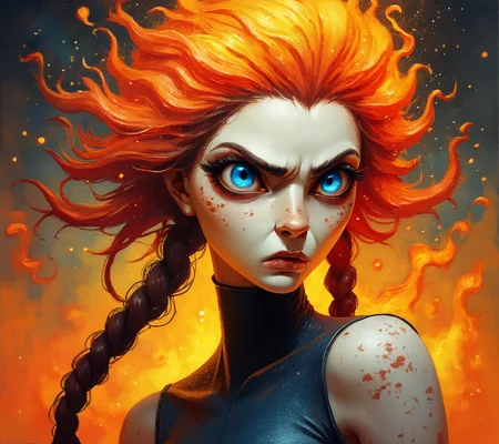 score_9, score_8_up, score_7_up, score_6_up, score_5_up, score_4_up, watercolor, A determined close-up of a woman with fiery red hair tied into a tight braid, her strong jawline and intense blue eyes locked in a fierce stare, her lips set in a resolute line, ready to face any challenge., highly detailed, backlight <lora:ponys-dream:.9>