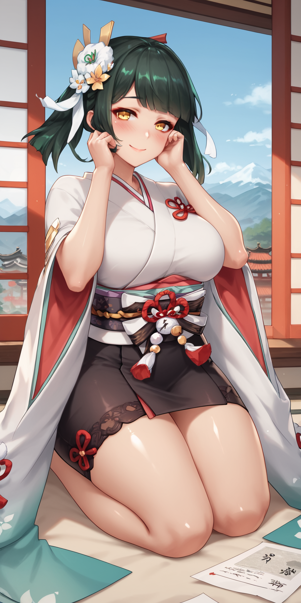score_9, score_8_up, score_7_up, 1girl, mature female, shiny skin, <lora:Expressive_H:0.8>, <lora:Saika:0.8>,saika, green hair, yellow eyes, wing-shaped hair, large breasts, bangs,breasts, hair flower, hair ornament, white kimono, wide sleeves, looking at viewer, smile, solo, black skirt, lace-trimmed skirt, white ribbon, indoors, east asian architecture, window,mountainous horizon, kneeling, paper, signature, hands on own cheek, blush,