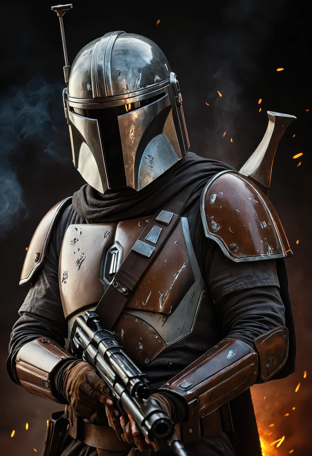 poster art, photorealistic portrait of The Mandalorian (Din Djarin) from Star Wars, stoic expression beneath his beskar helmet, weathered and battle-worn armor with fine scratches, scuff marks, and blaster impacts, dark fantasy backdrop with swirling embers and smoke, dramatic cinematic lighting with warm ember glow, sharp contrast and deep cinematic shadows, ultra-detailed textures on metal surfaces and fabric elements, atmospheric depth, hyperrealistic rendering, masterpiece composition, epic poster design, stunning color grading, 8k resolution, photorealistic